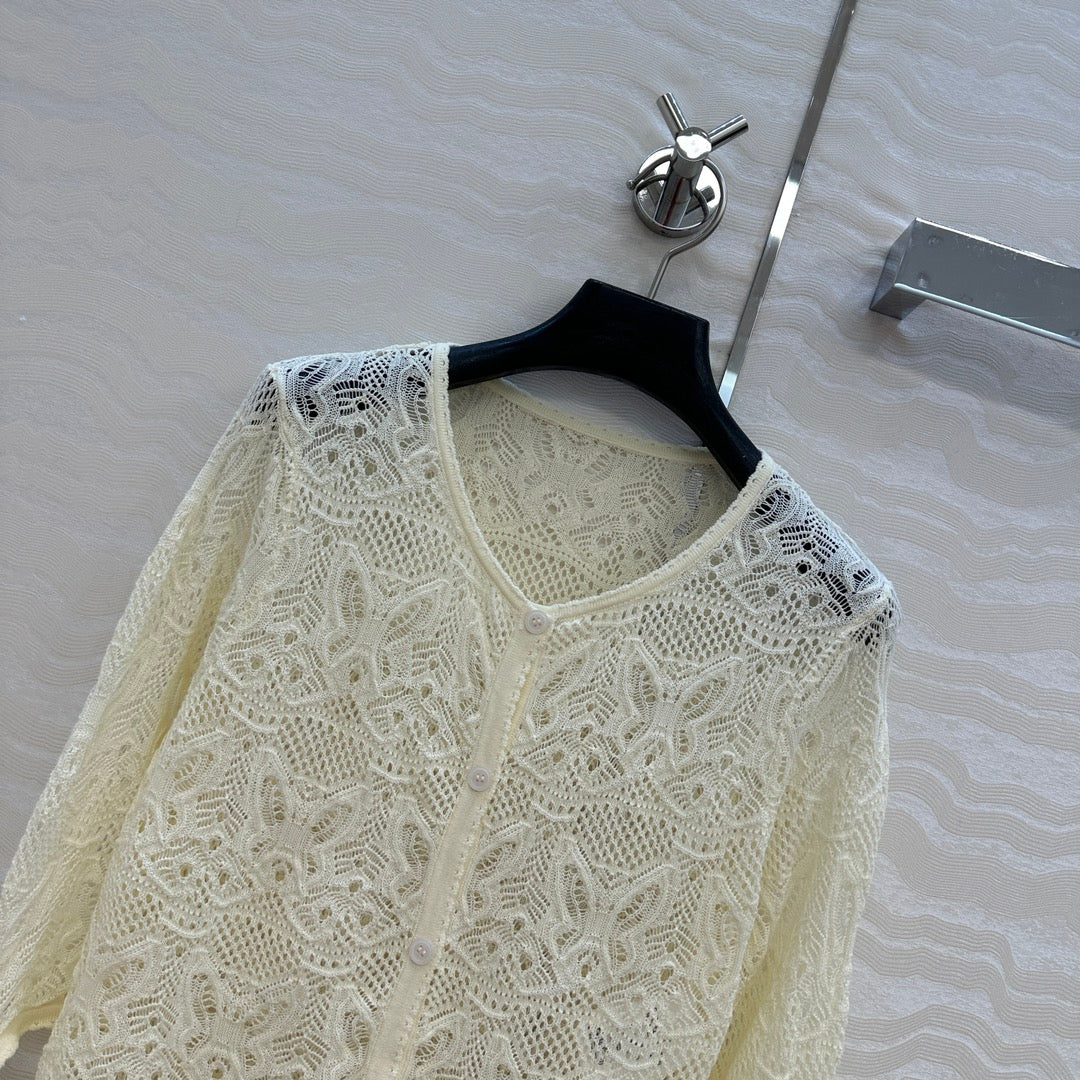 CD Hollowed-out Cardigan Light Cream Cotton