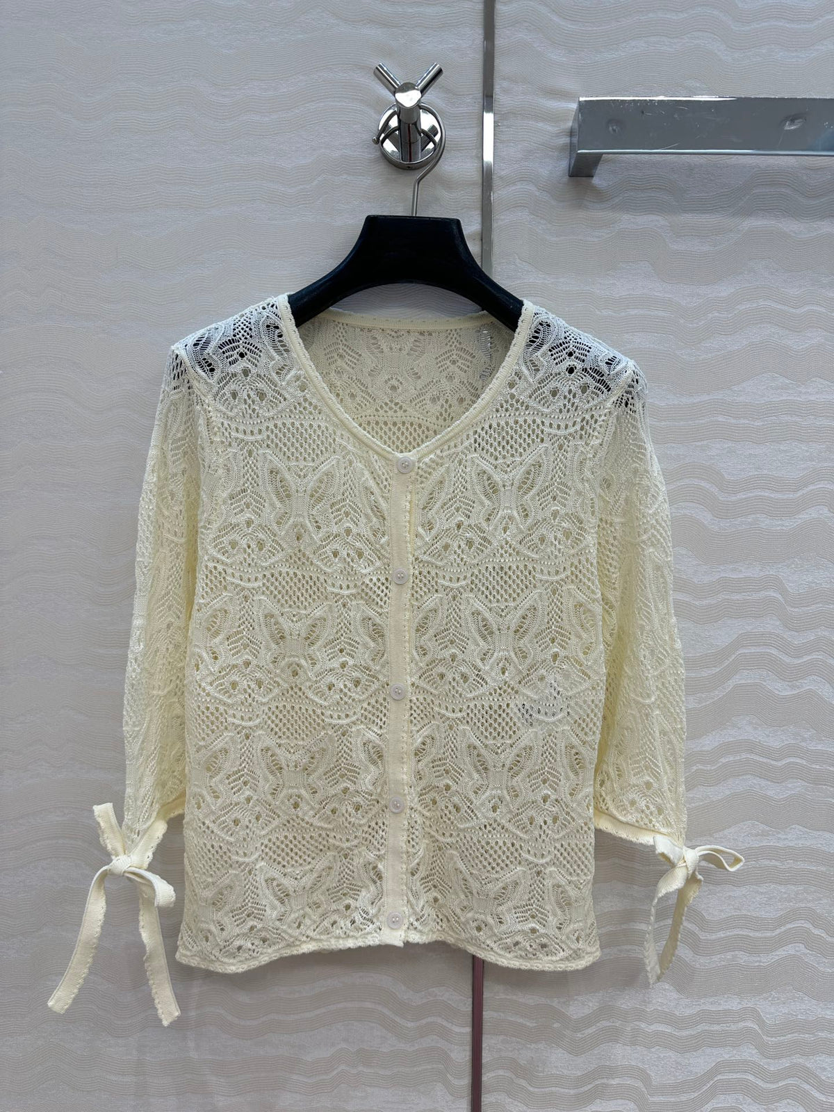CD Hollowed-out Cardigan Light Cream Cotton