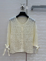 CD Hollowed-out Cardigan Light Cream Cotton