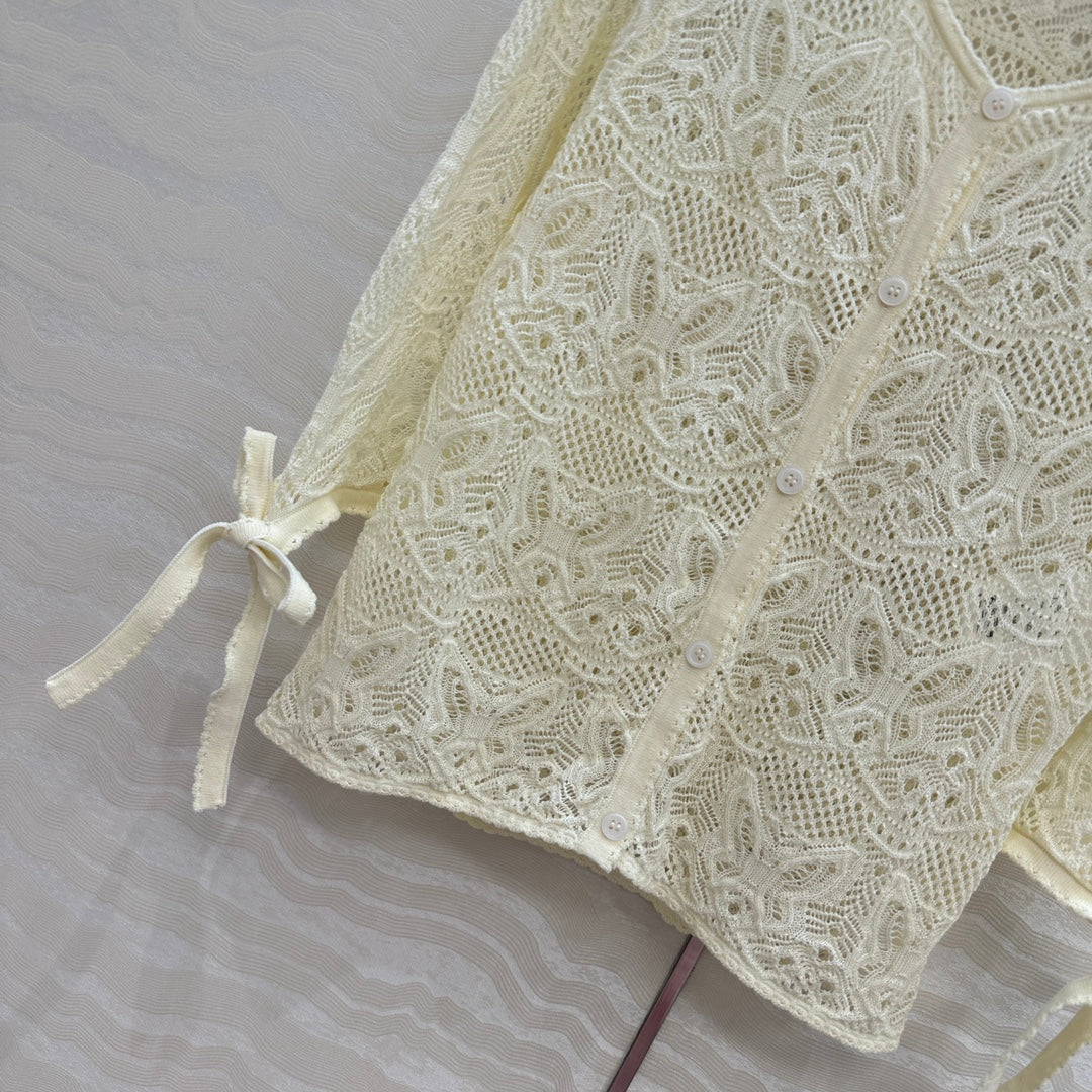 CD Hollowed-out Cardigan Light Cream Cotton