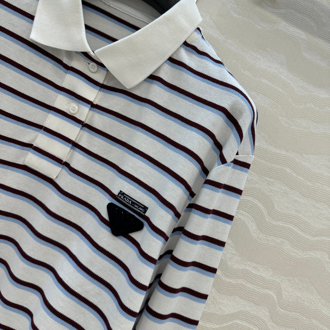 Prada Striped Long-sleeved Polo Shirt White Cotton