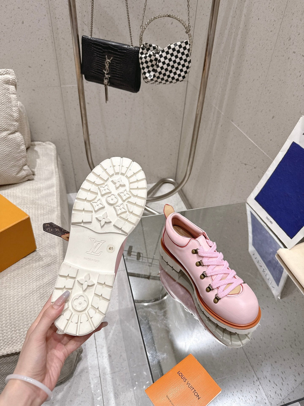 LV Pharrell and Nigo Hiking Shoes Pink Sheepskin 383742