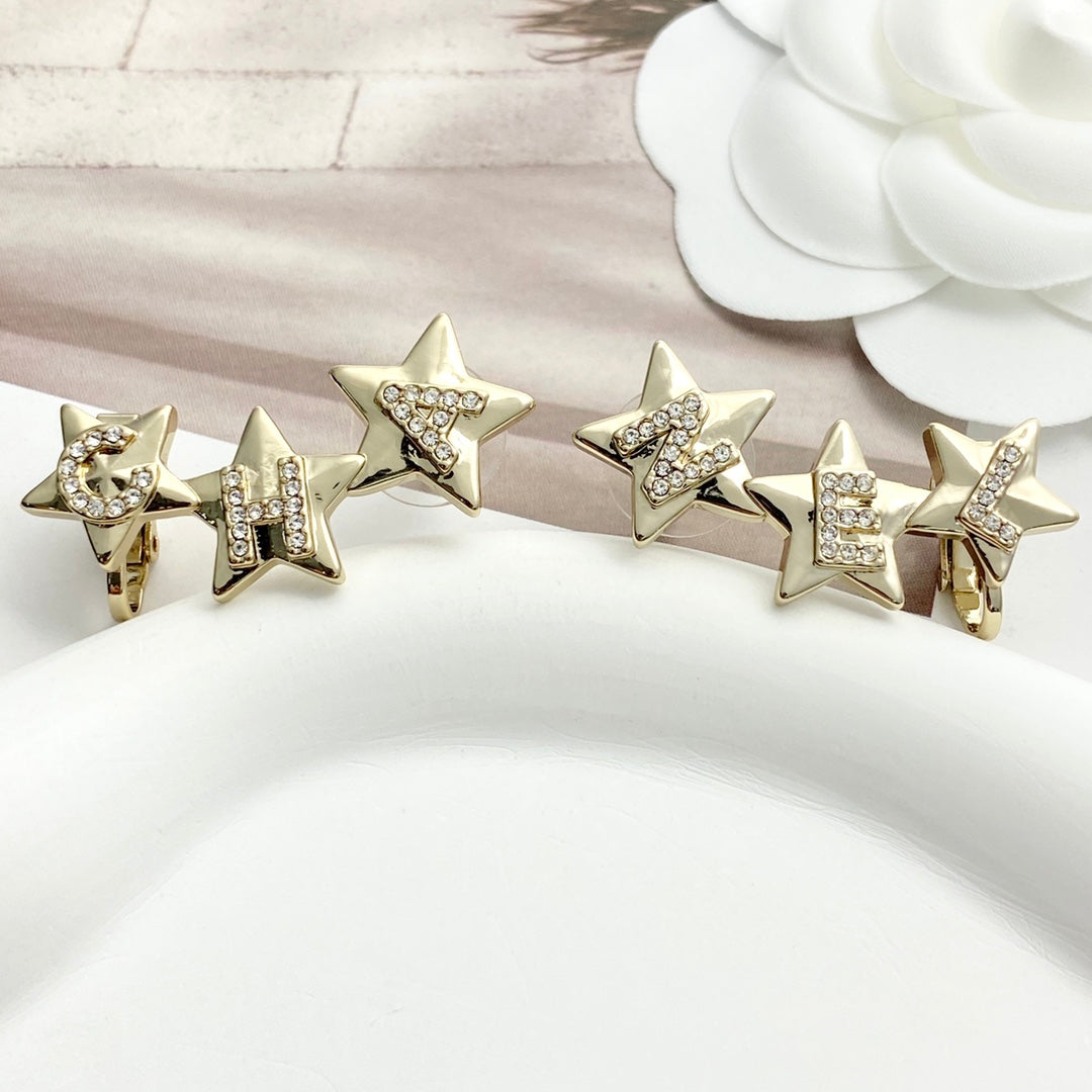 CC  Full Diamond Light Gold 3 Star Stud Earrings