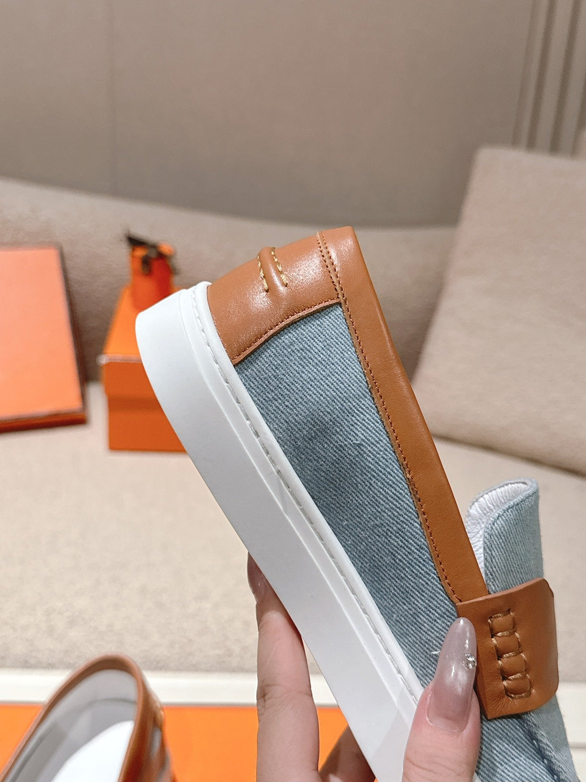 HM 25ss Platform Loafers Light Blue Brown Denim Sheepskin 577170