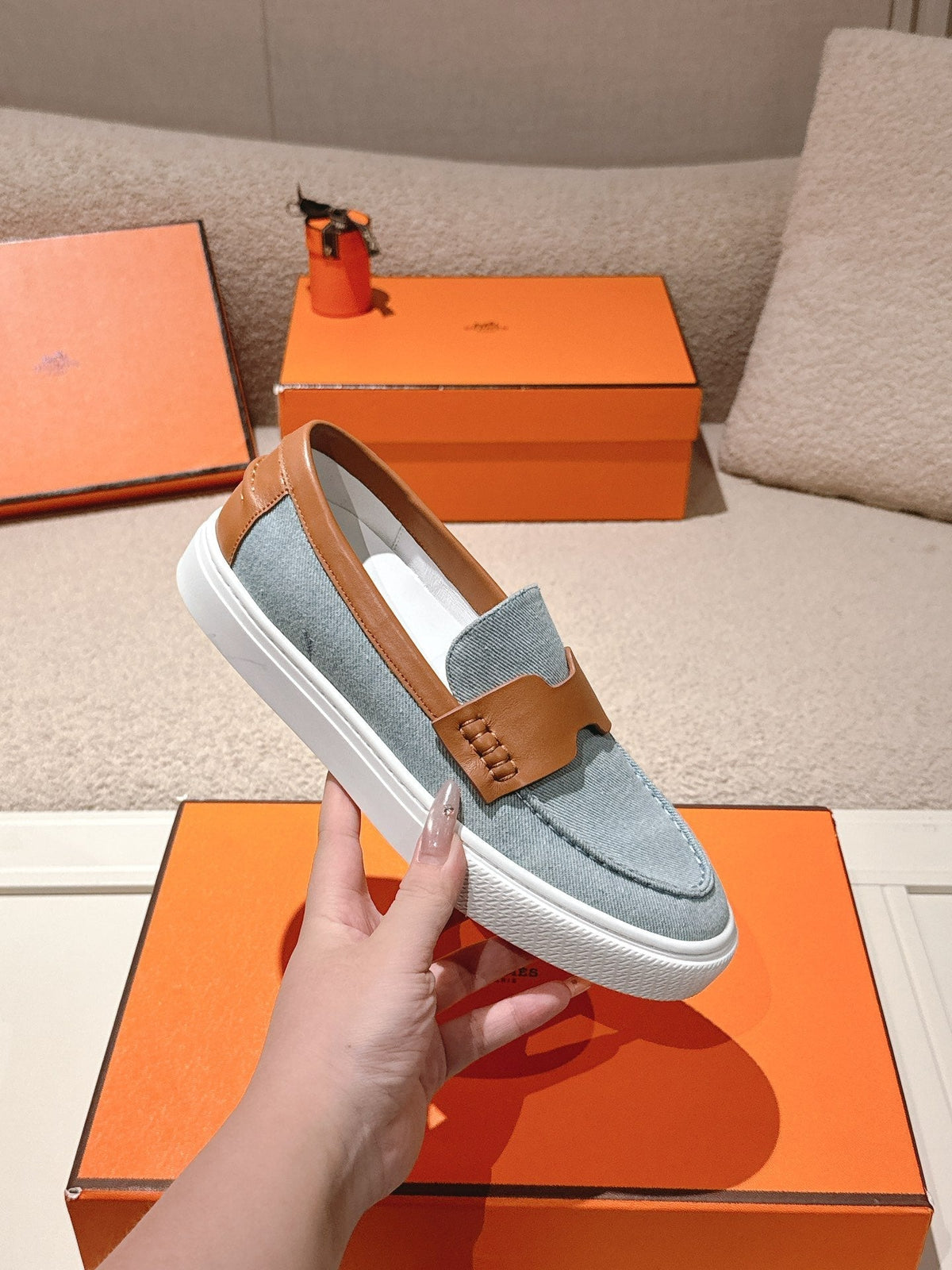 HM 25ss Platform Loafers Light Blue Brown Denim Sheepskin 577170