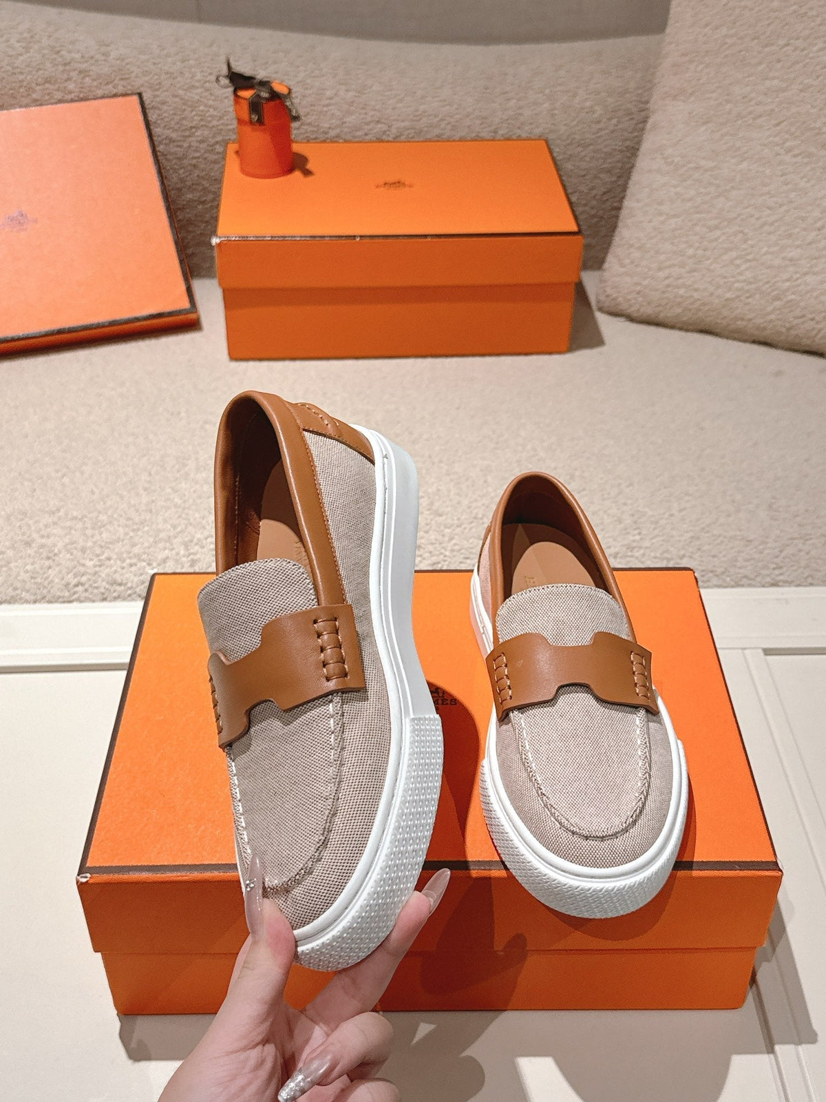 HM 25ss Platform Loafers Gray Brown Denim Cowhide 577166