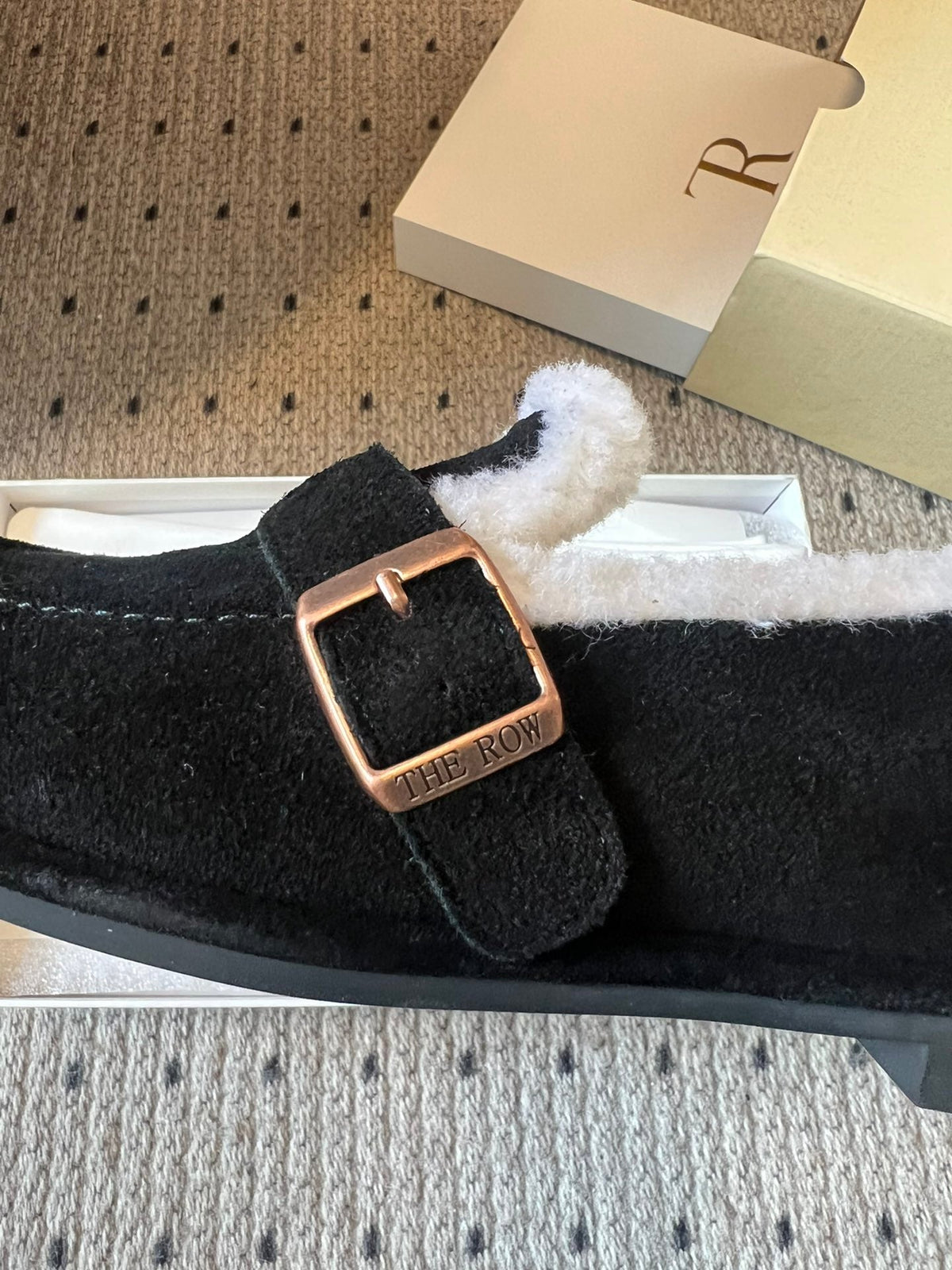 The Row 2025 Shearling Loafer Black White Suede Wool 561601