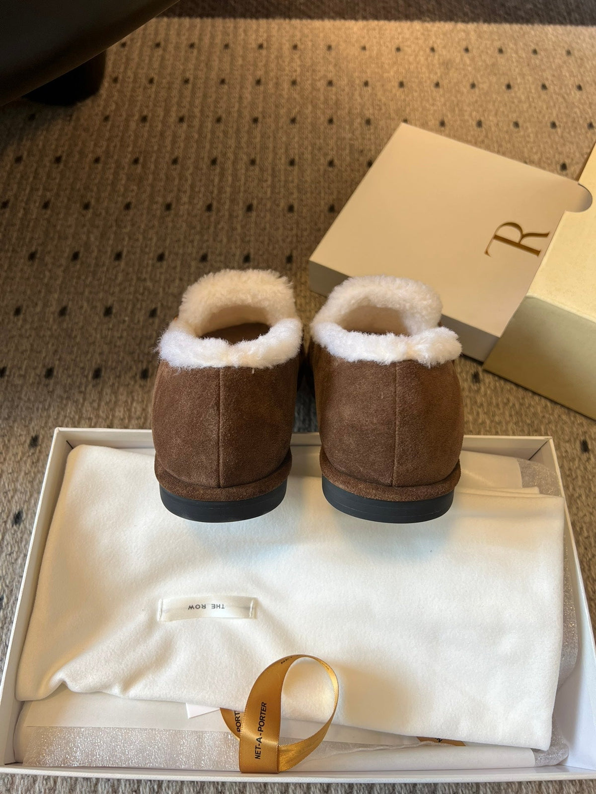 The Row 2025 Shearling Loafer Brown White Suede Wool 561602