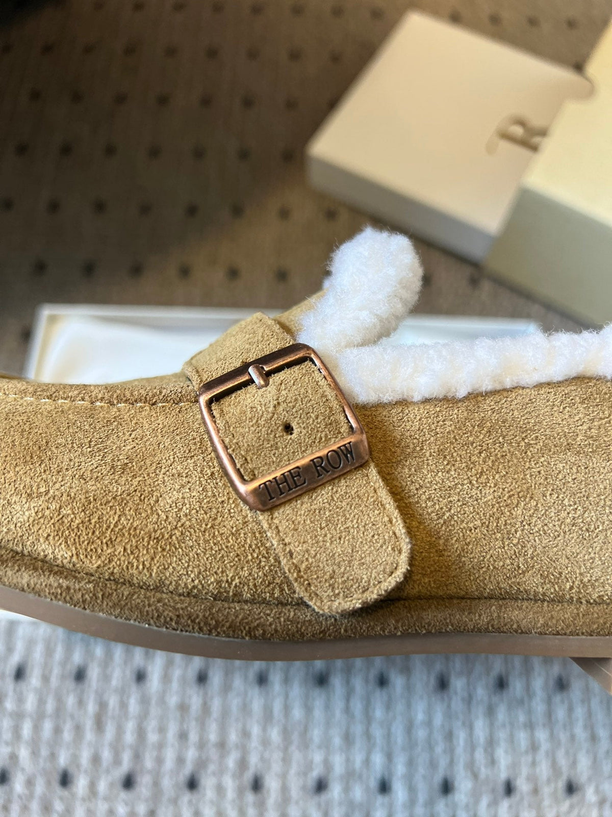 The Row 2025 Shearling Loafer Tan White Suede Wool 561603