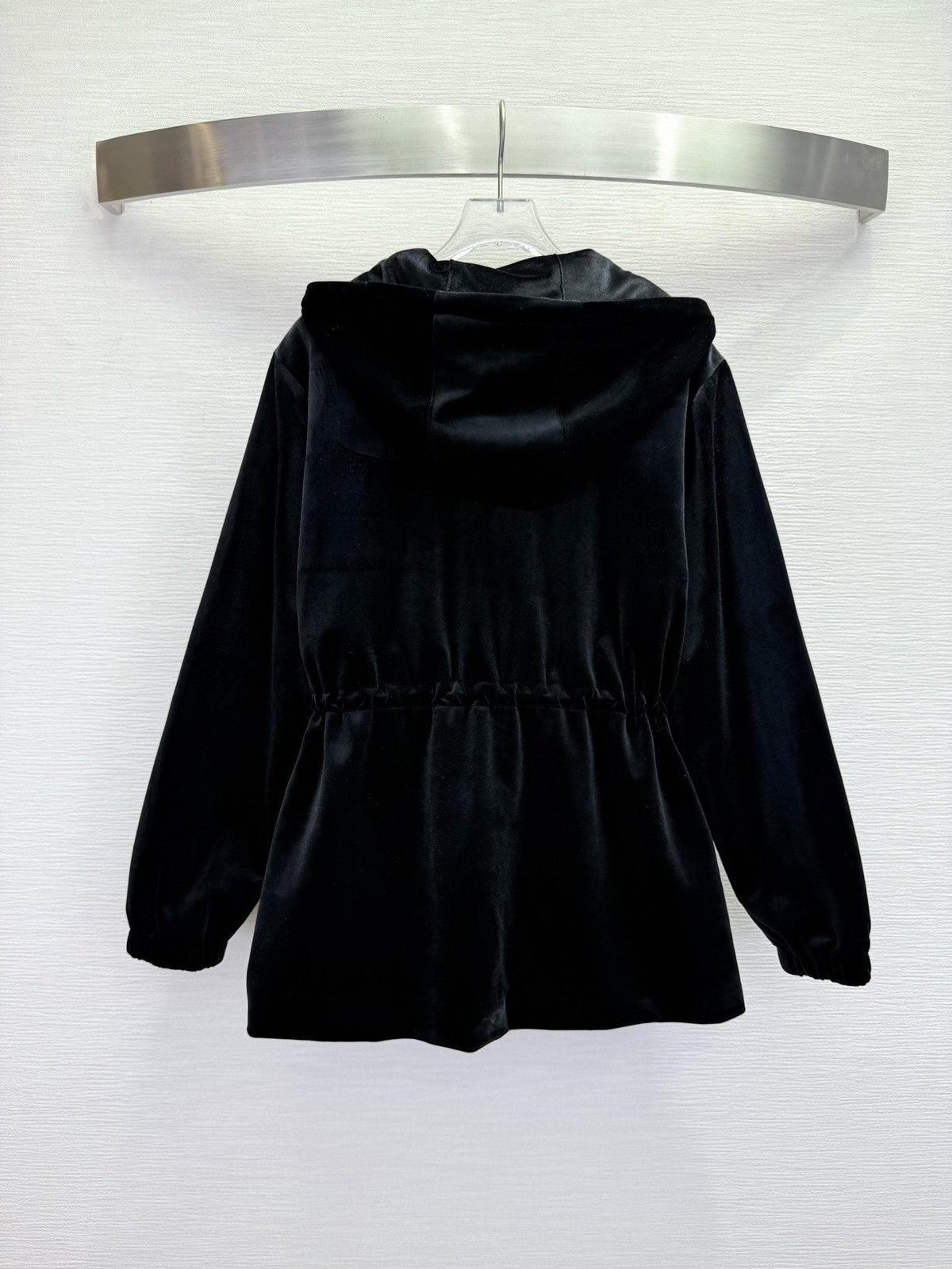 Prada 2025 Drawstring Waist Hooded Jacket Black Silk Velvet