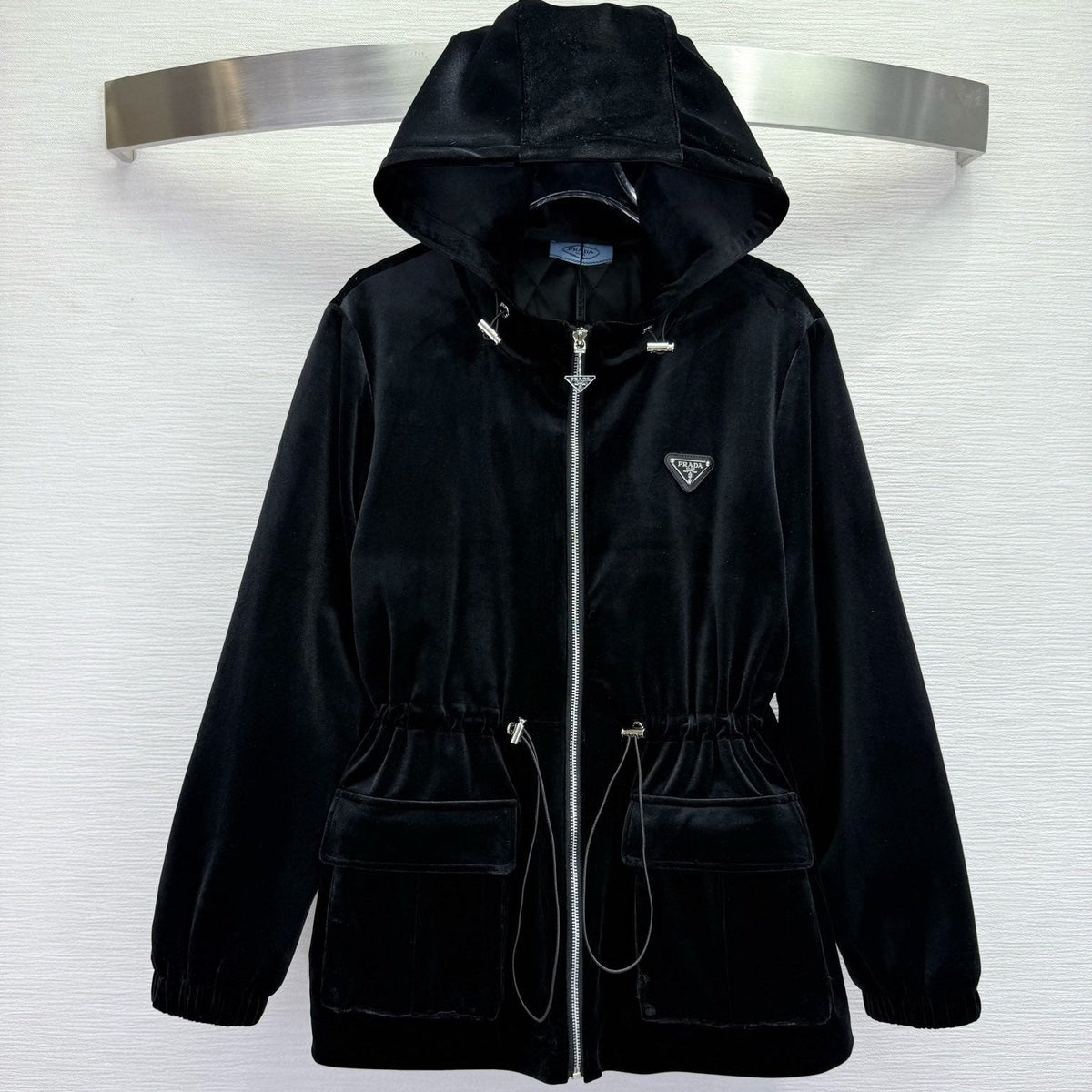 Prada 2025 Drawstring Waist Hooded Jacket Black Silk Velvet