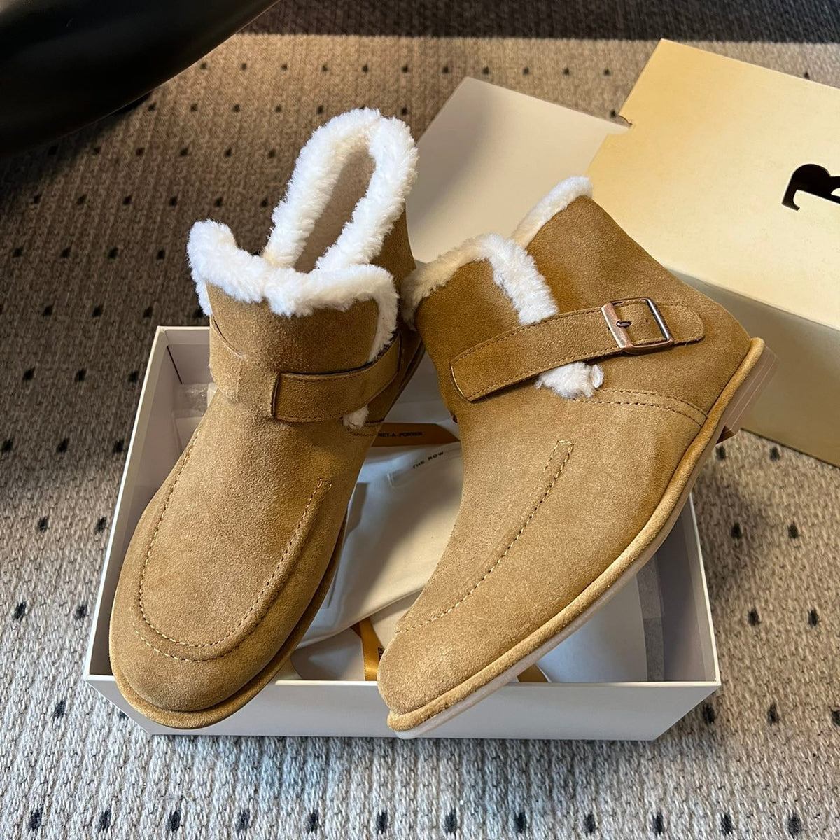 The Row 2025 Ankle Boot Tan White Suede Wool 561622
