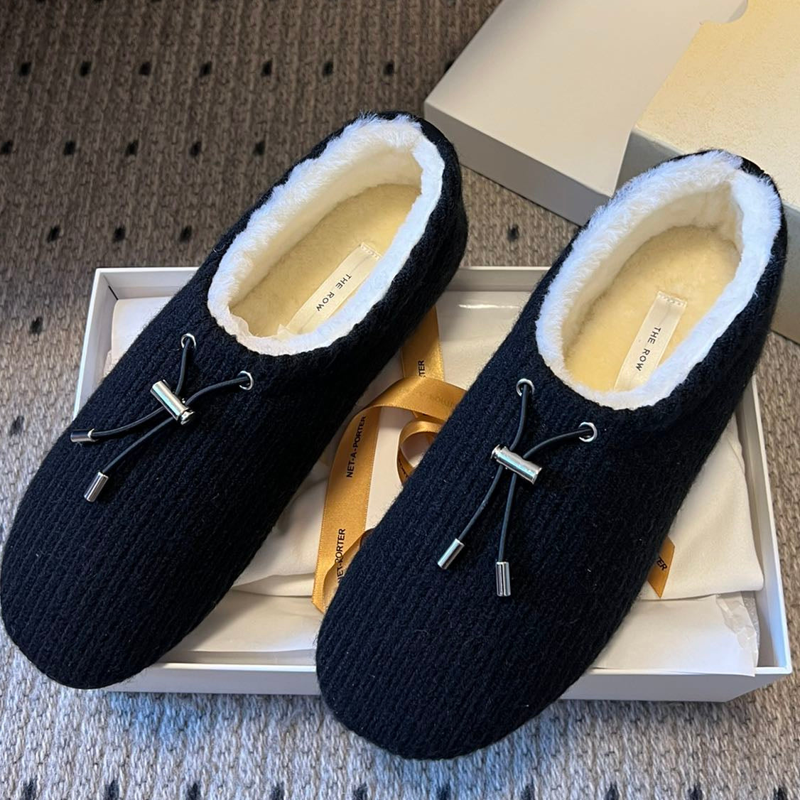 The Row 2025 Striped Furry Slipper Black White Wool 561636