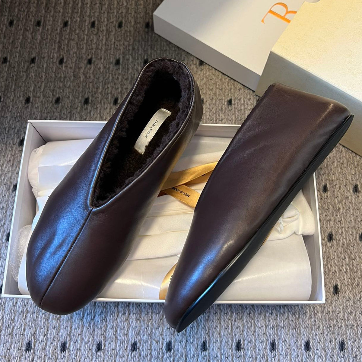 The Row 2025 Stella slip-on Shoe Dark Brown Sheepskin Wool 561641