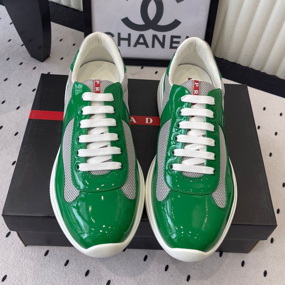 Pra 2025 Sneaker Green mix Gray Patent Leather Mesh 554582