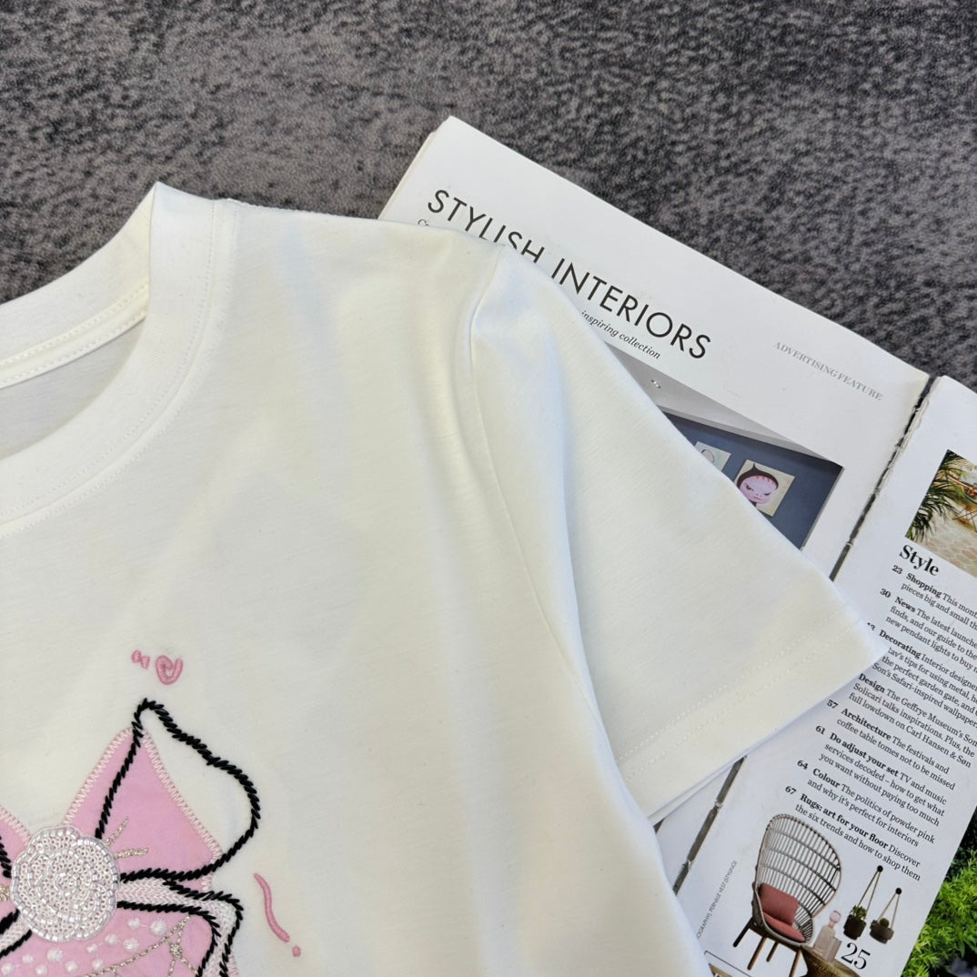 Chanel 2026 Pink Bow T-shirt White Black Cotton 359123