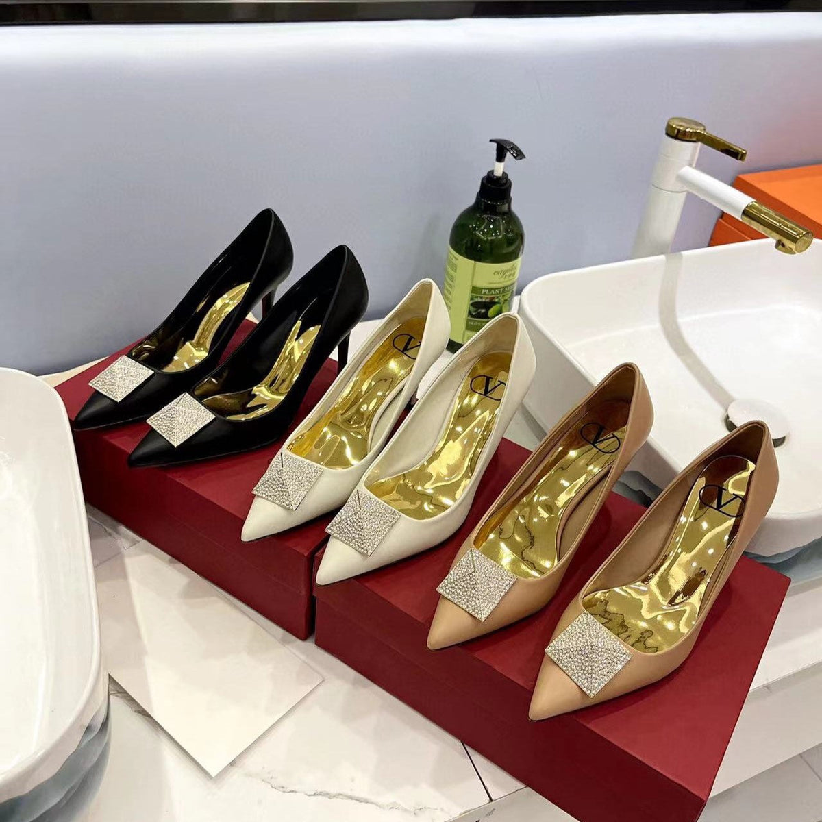 One Stud Diamond Patent White Leather Pump