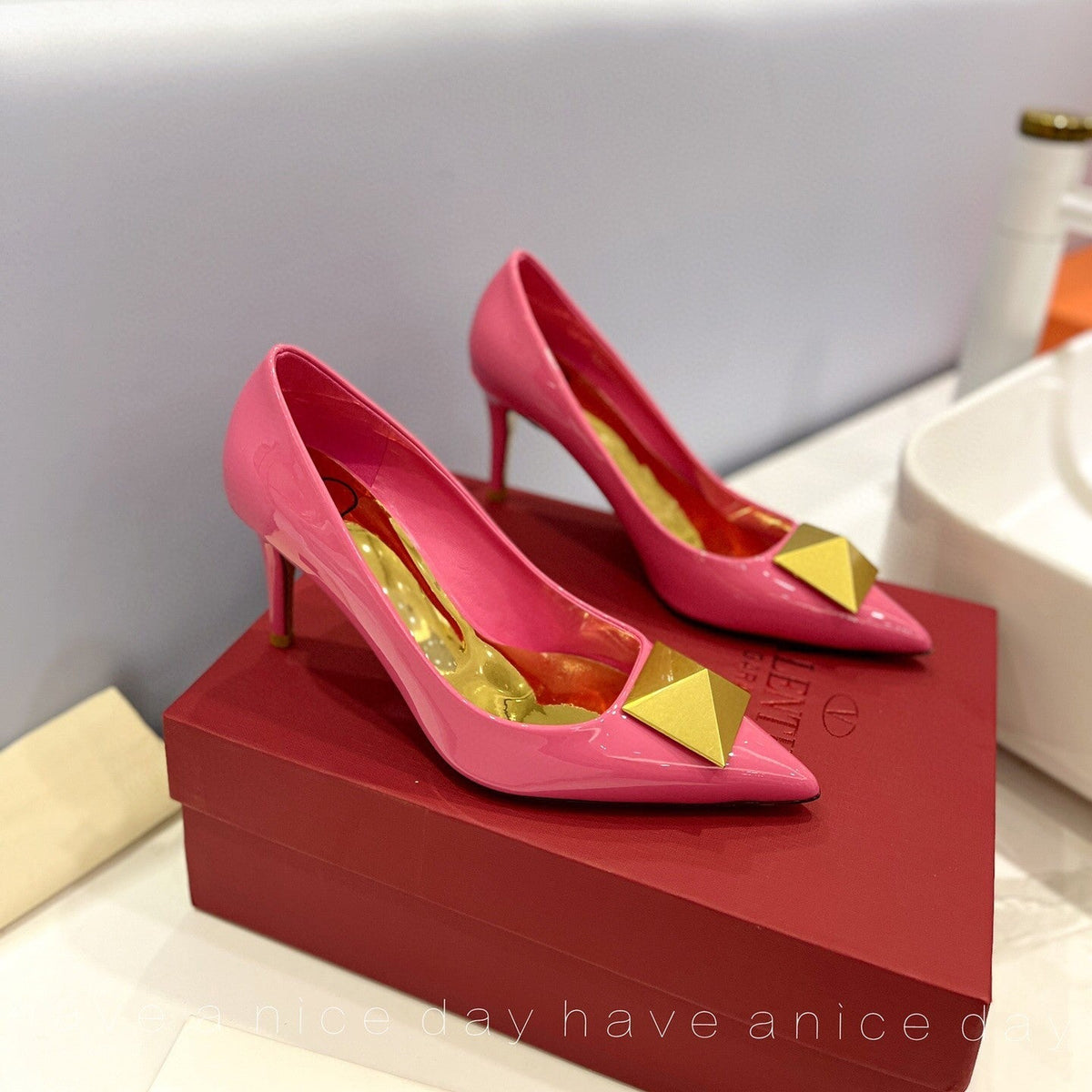 One Stud Gold Patent Pink Leather Pump
