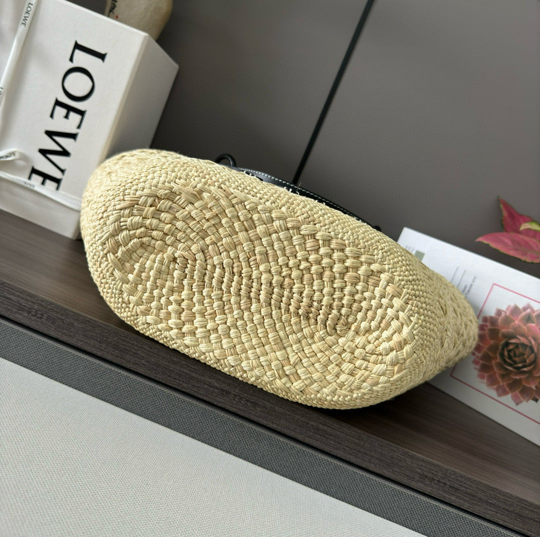 Loew Anagram Basket 46cm Beige Raffia Black Calfskin