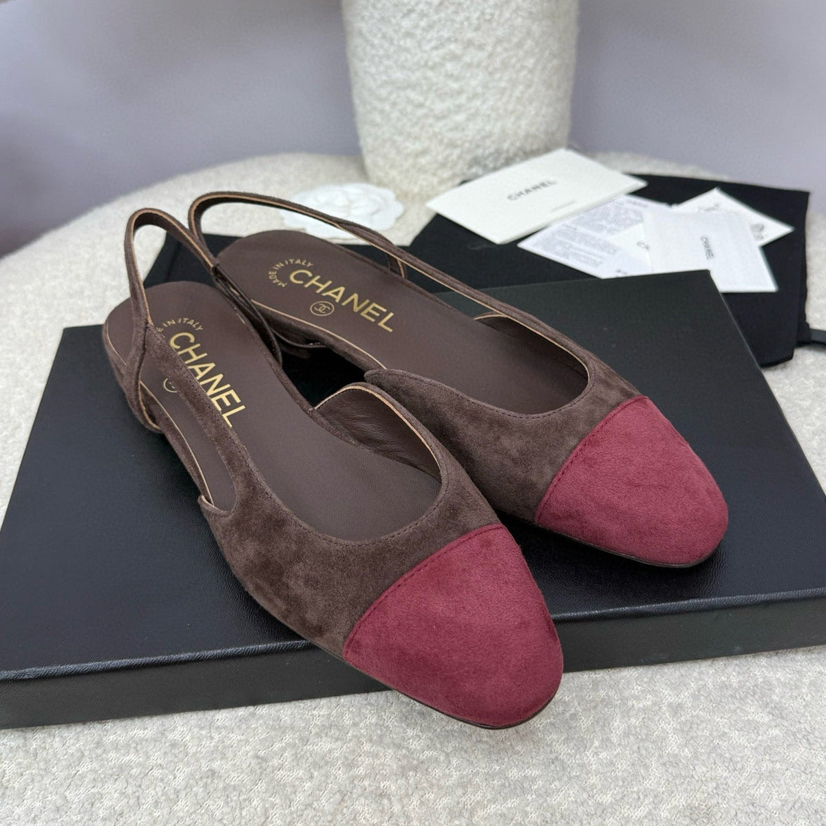 CC 25A Slingback Flat Chocolate Dark Red Suede