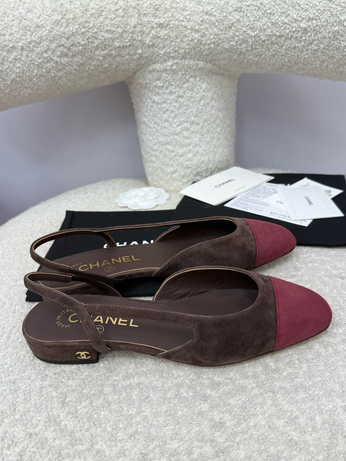 CC 25A Slingback Flat Chocolate Dark Red Suede