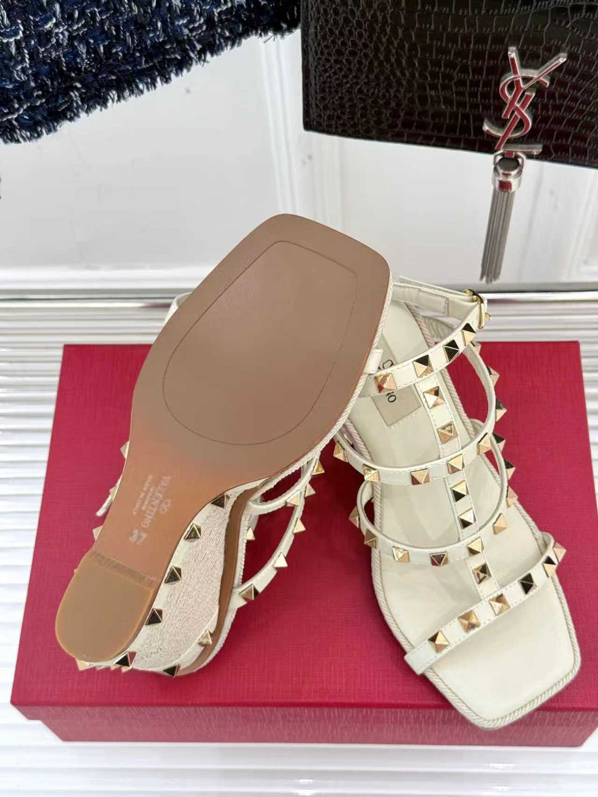 VT 25 Studded Wedge Sandals Beige Gold  Calfskin 156079