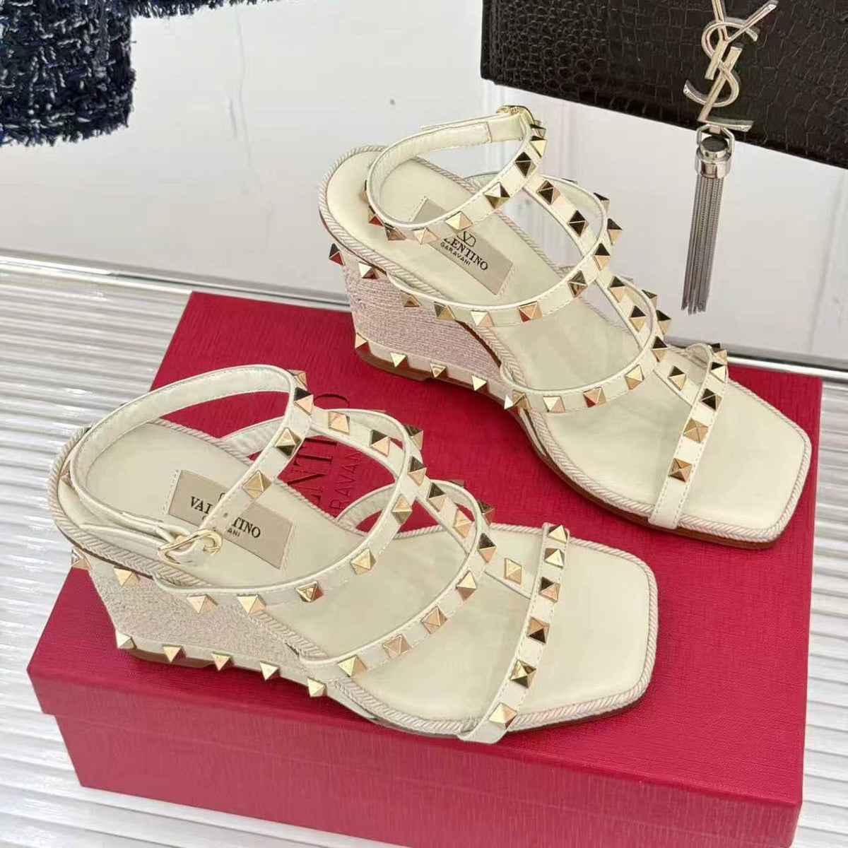 VT 25 Studded Wedge Sandals Beige Gold  Calfskin 156079