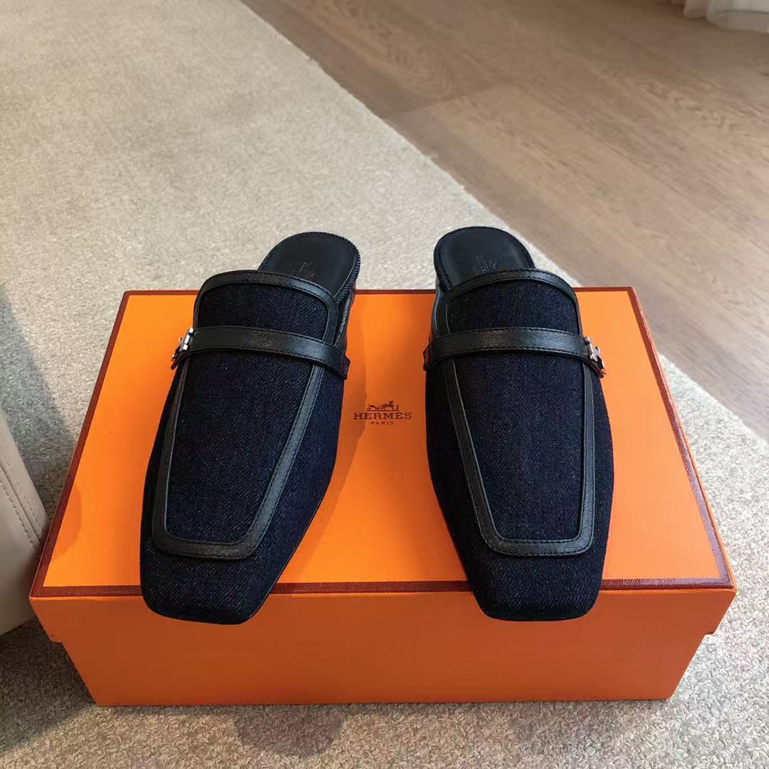 HermÃ¨s Pre-Owned Logo-buckle Loafers Blue Black Denim Leather