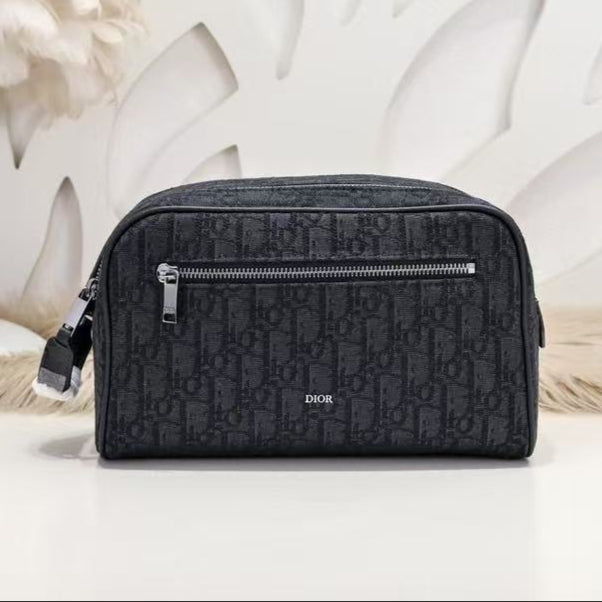 Toiletry Bag Black Dior Oblique Jacquard and Black Grained Calfskin