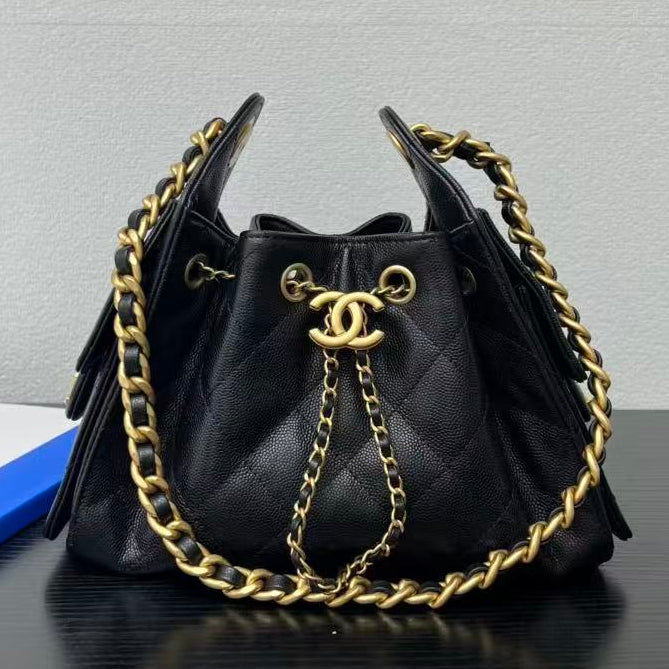 Chanel 2025 Hobo Bag 22cm Black Gold Grained Calfskin
