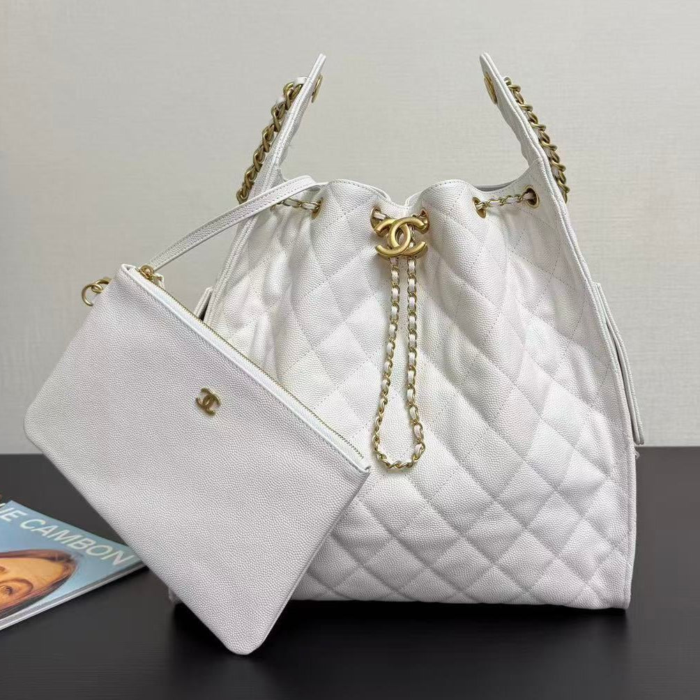 Chanel 2025 Hobo Bag 40cm White Grained Calfskin
