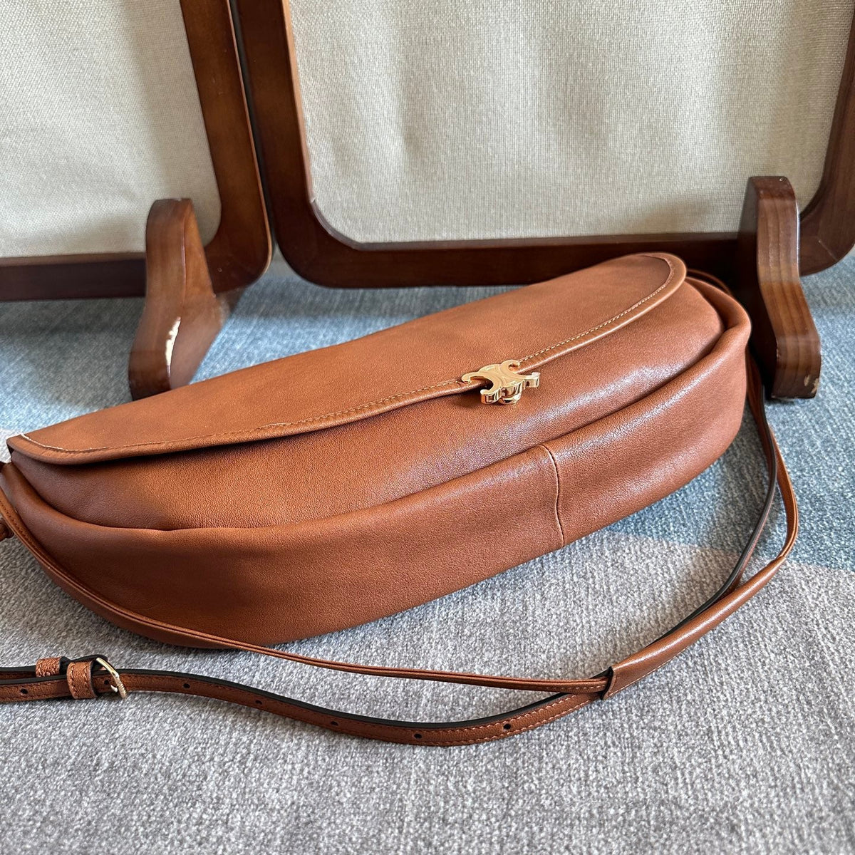 Celine 2025 Halfmoon Soft Triomphe Bag Brown Shiny Lambskin