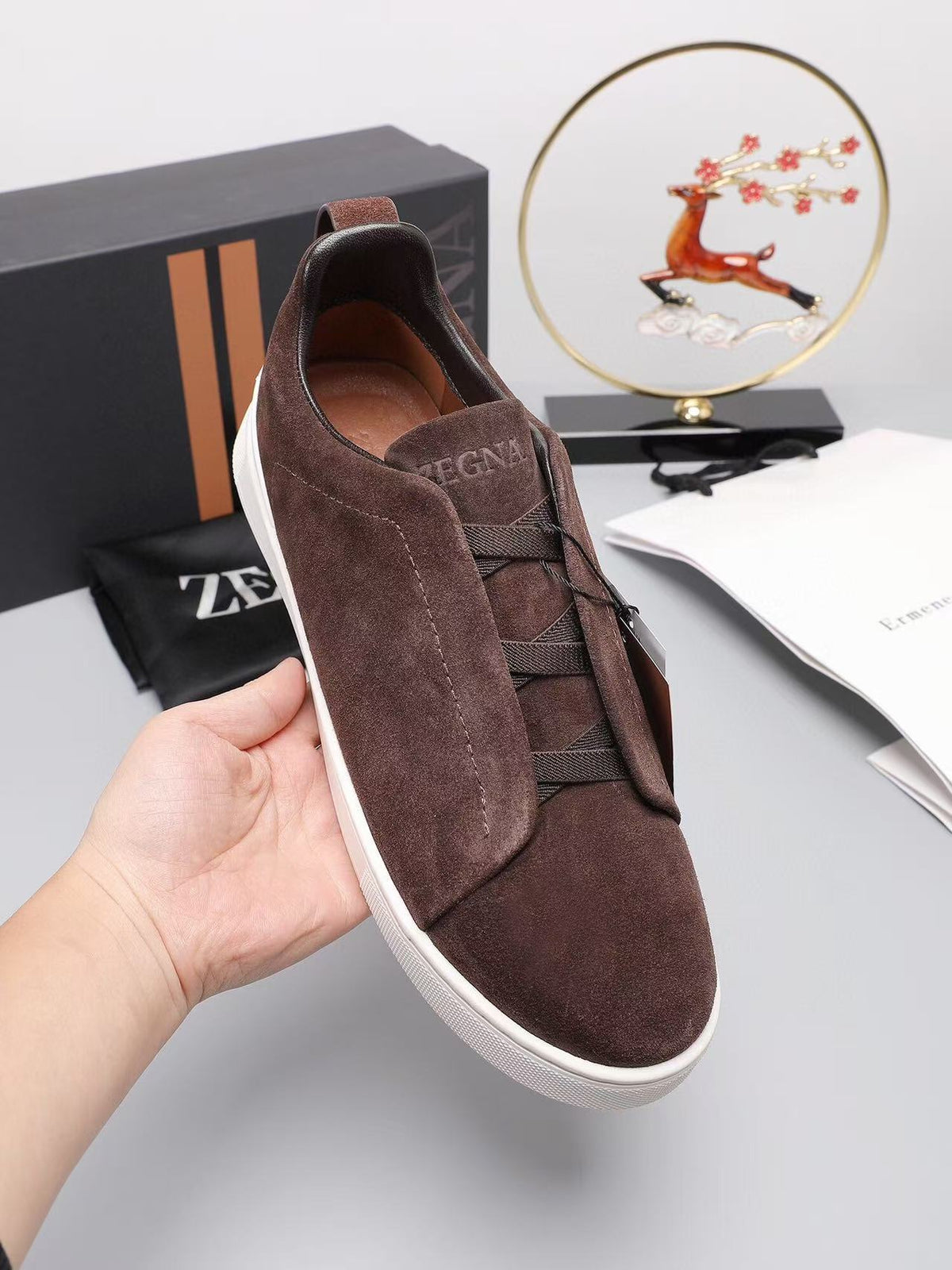 Zegna Triple Stitch Slip-on Sneaker Dark Brown Suede