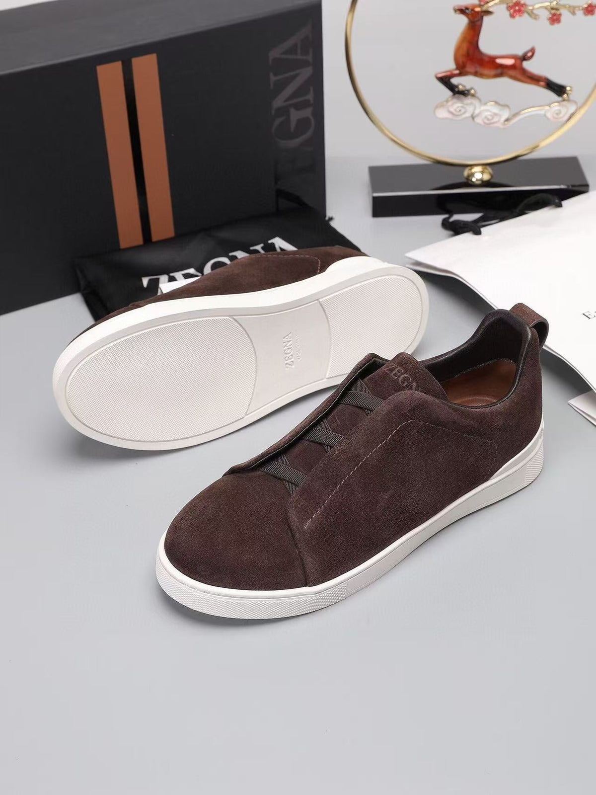 Zegna Triple Stitch Slip-on Sneaker Dark Brown Suede