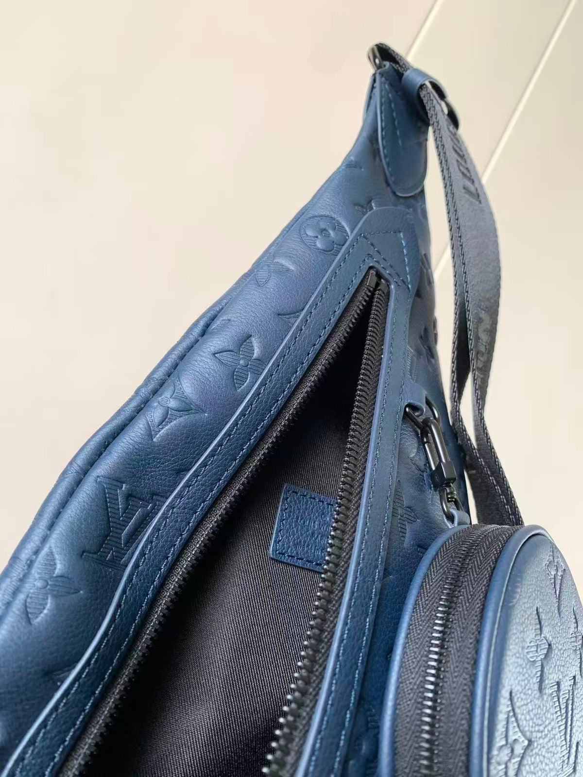 Louis Vuitton 2026 Duo Slingbag Navy Blue Monogram Shadow Embossed Calf Leather