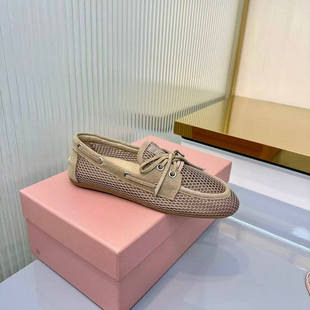 Miu Miu 2026 Mocassin Beige Suede Mesh