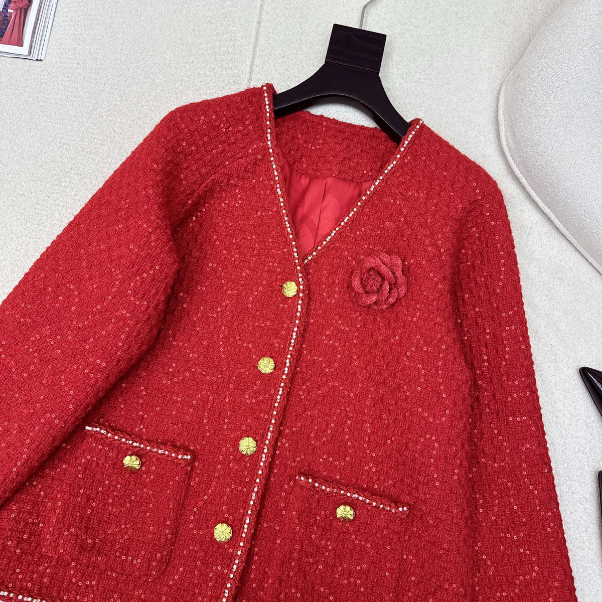 Chanel 2026 Short Jacket And Skirt Set Red Tweed
