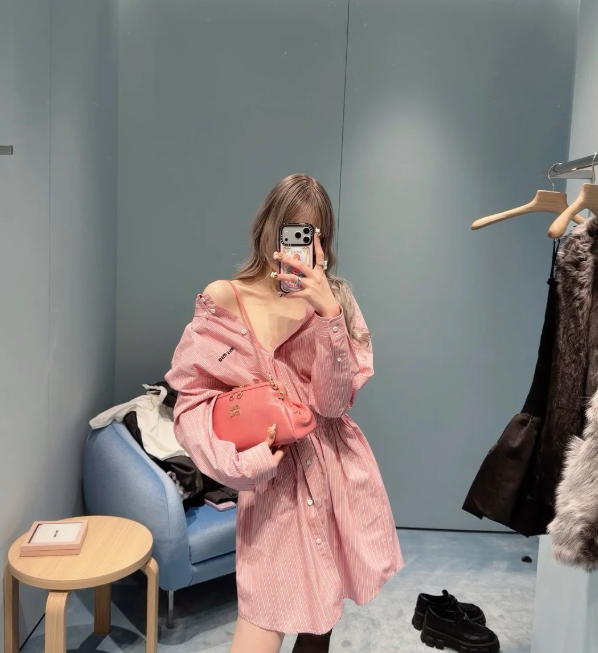 Miumiu 2026 Off-the-shoulder Striped Shirt Dress Pink Cotton