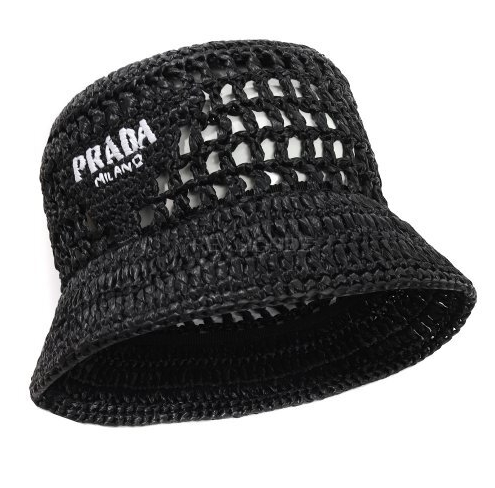 Prada Raffia Woven Black Bucket Hat