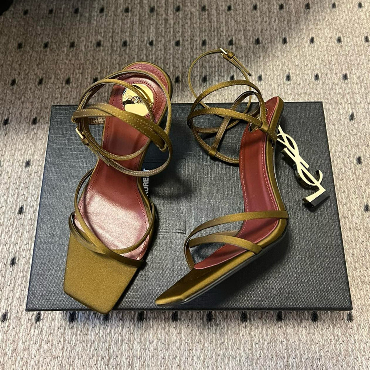 YSL Opyum Sandals Olive Green Fabric Leather