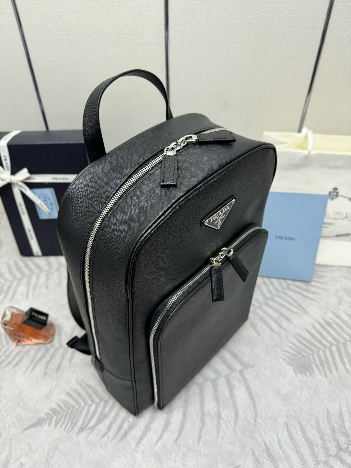 Prada Triangle-Logo Zipped Backpack Black Saffiano leather
