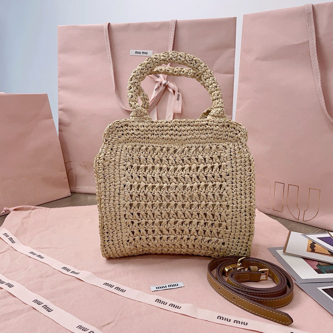 Miu Miu Tote Woven Bag Beige mix Brown Raffia