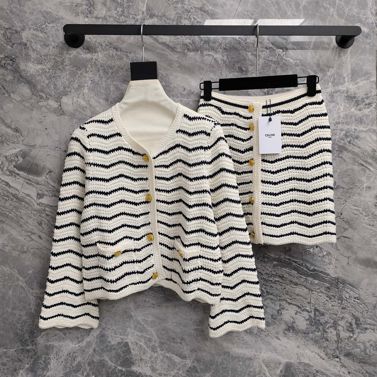 Celine 25 Striped Suit White Black Wool Polyester 278762