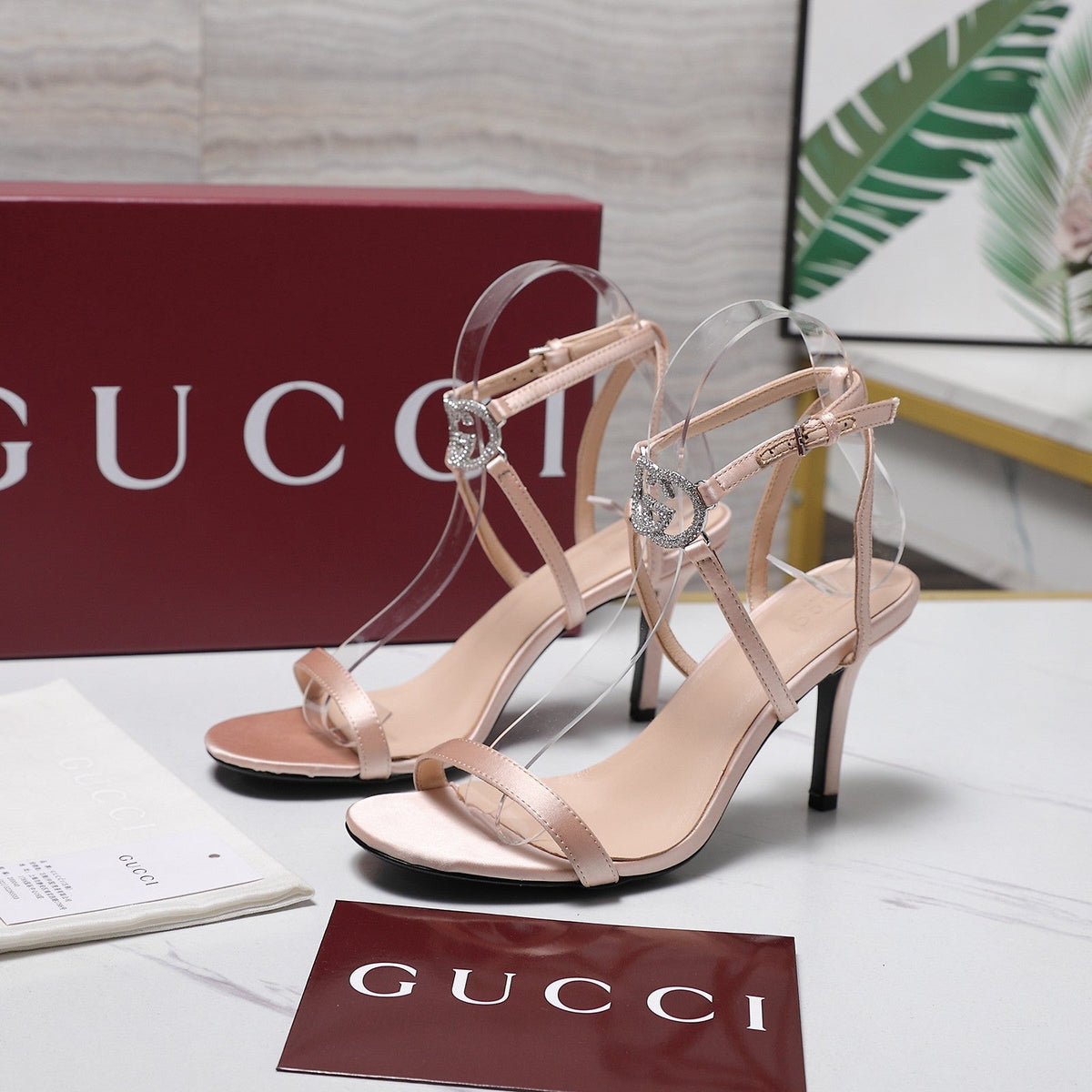 Gucci 2026 Gucci Satin Rhinestone Buckle 95mm High-Heeled Sandals Cowhide 758661