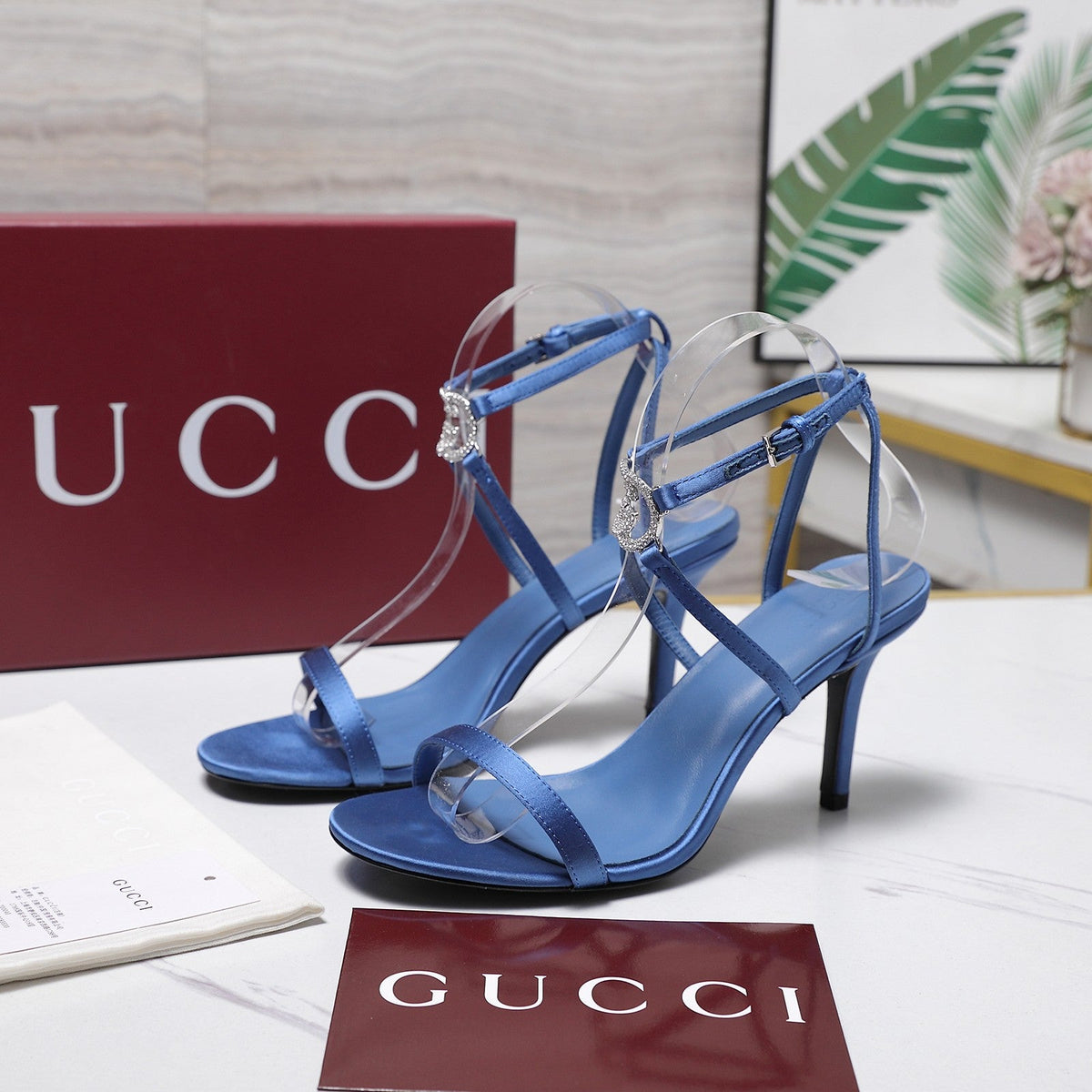 Gucci 2026 Gucci Satin Rhinestone Buckle 95mm High-Heeled Sandals Cowhide 758661