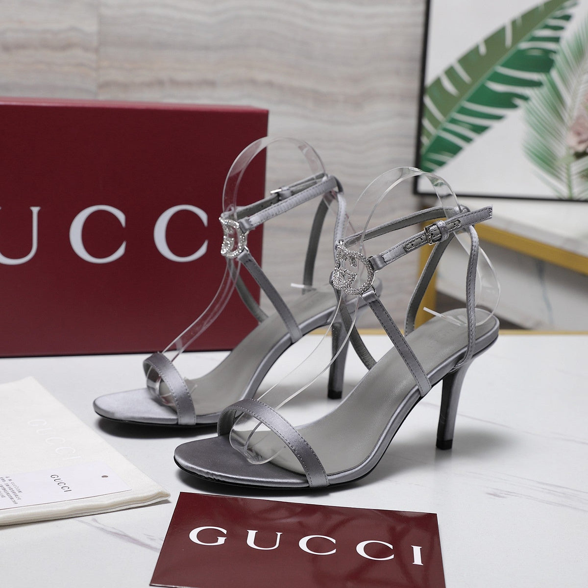 Gucci 2026 Gucci Satin Rhinestone Buckle 95mm High-Heeled Sandals Cowhide 758661