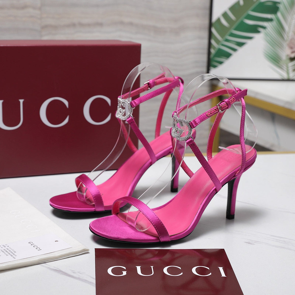 Gucci 2026 Gucci Satin Rhinestone Buckle 95mm High-Heeled Sandals Cowhide 758661