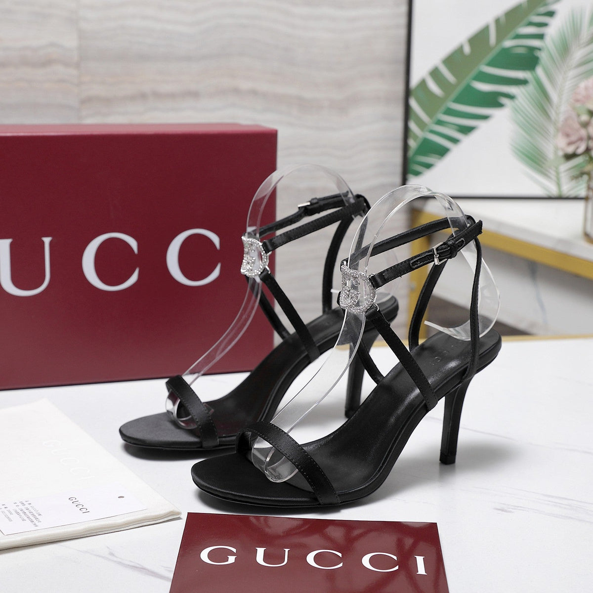 Gucci 2026 Gucci Satin Rhinestone Buckle 95mm High-Heeled Sandals Cowhide 758661