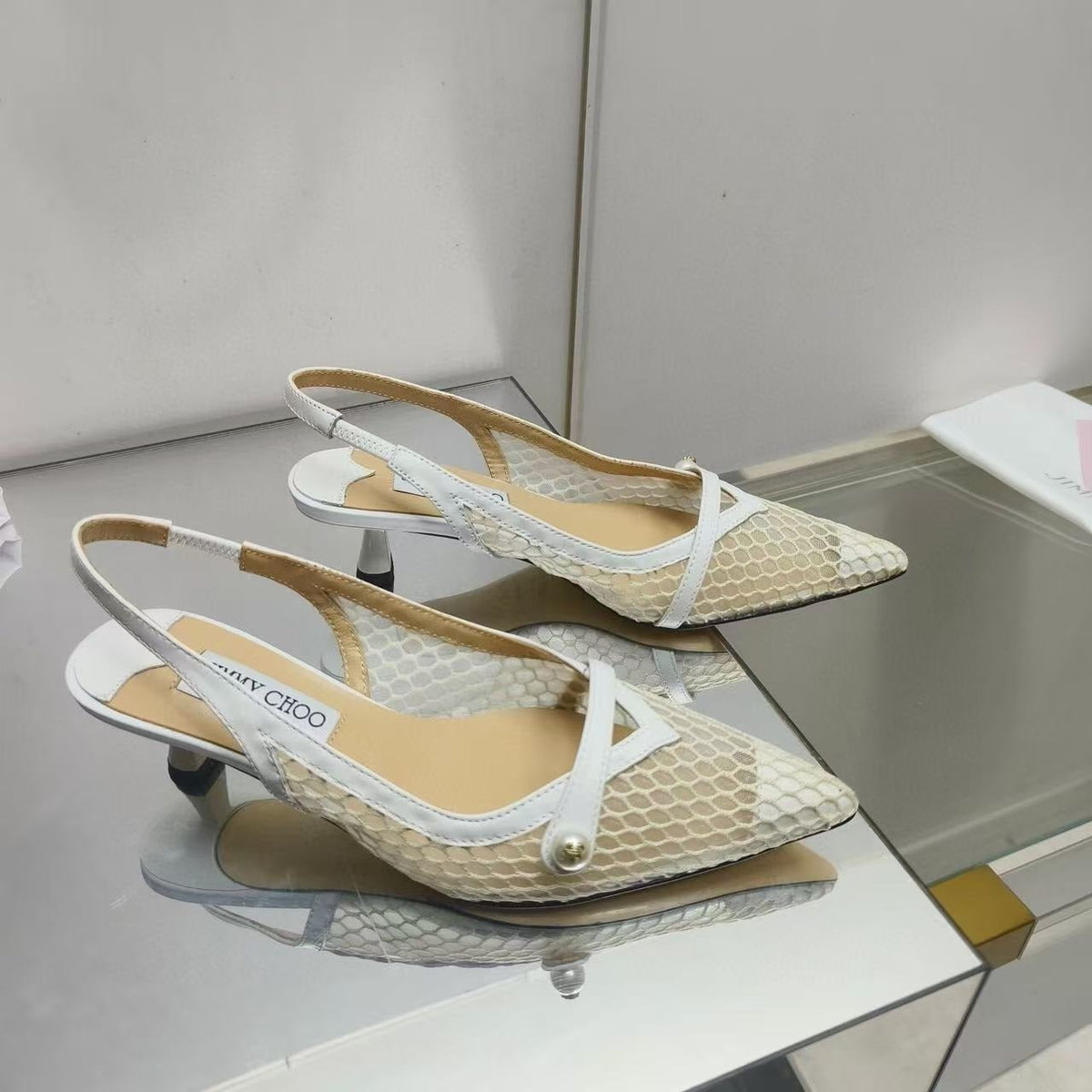 Jimmy Choo Slingback Pum White Beige Heel Mesh and Leather