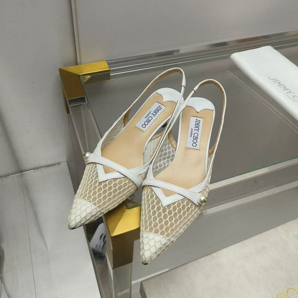 Jimmy Choo Slingback Pum White Beige Heel Mesh and Leather